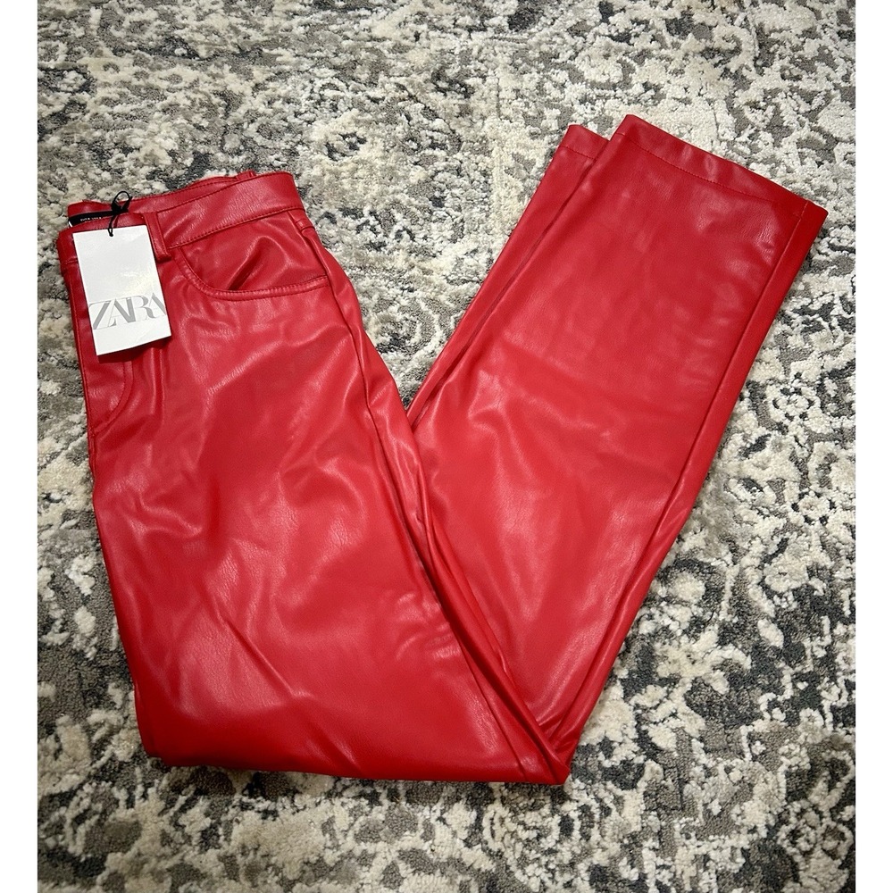 Zara Red Faux Leather Straight Leg Pants